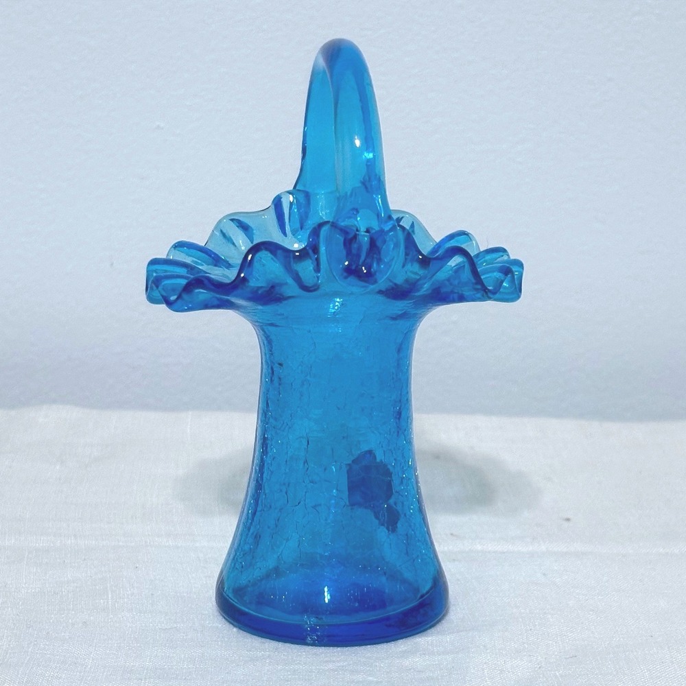Kanawha Blue Crackle Glass Basket Ruffled Rim Hand‎ Crafted West Virginia MCM